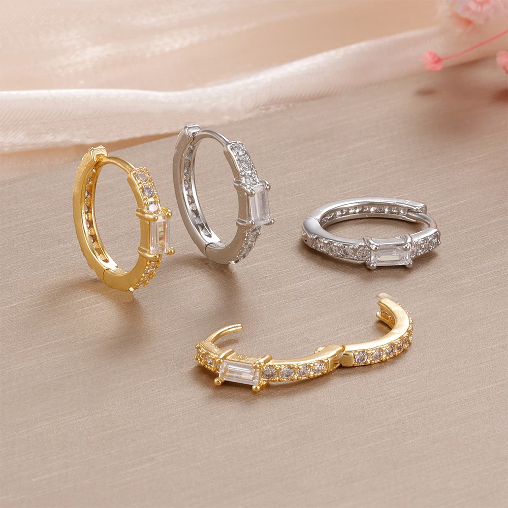 Stainless Steel Heart Square Crystal Zirconia Hoop Earrings Small Huggie Thin Cartilage Earring Helix Tragus Piercing Jewelry
