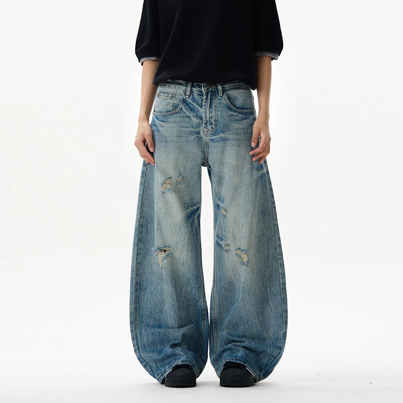 

Men's Wear Curved Knife Jeans American Lightning Crack Hole Worn-out Jeans Distressed Vintage Men Trousers Trend