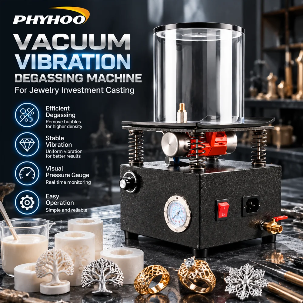 PHYHOO Vacuum Vibration Degassing Machine for Jewelry Casting Investment Adjustable Speed Transparent Chamber Vacuum Gauge 180mm