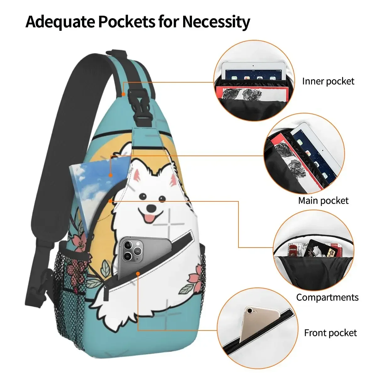 Cute Japanese Spitz Dog With Sakura - Modern Hanafuda Chest Bag Trendy Portable Out Nice gift Multi-Style