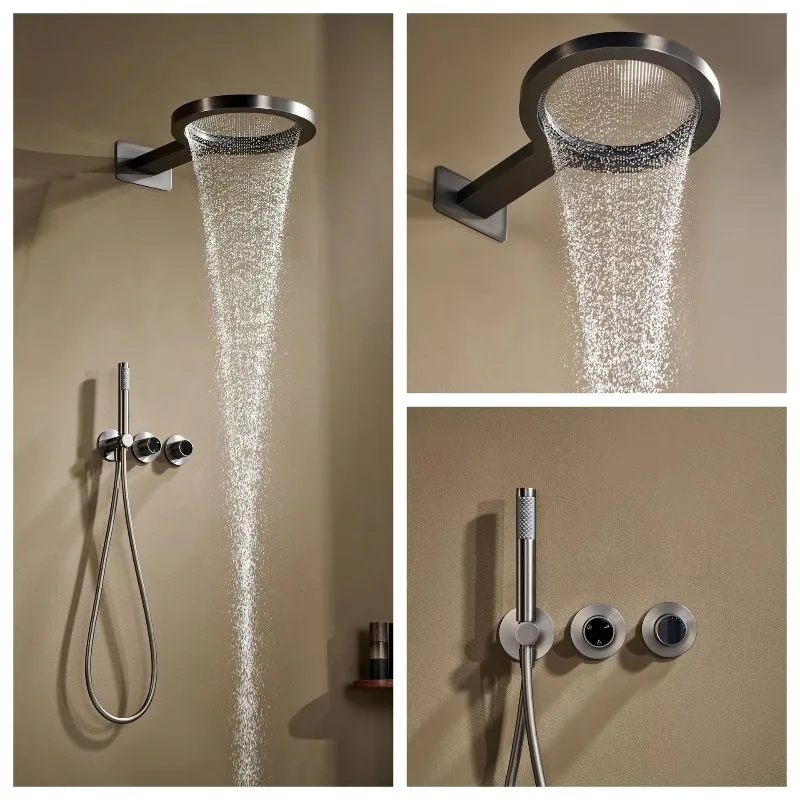 Built-in Ring Copper Chrome Brushed Waterfall Shower Set Modern Design 3-Year Warranty Ceramic Valve Core Concealed Wall-Mounted