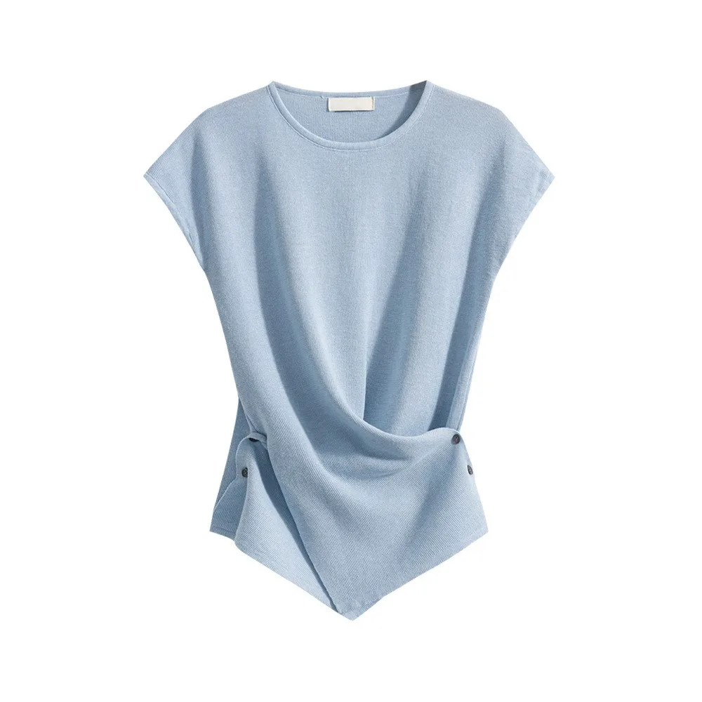 슬림핏 반팔 라운드넥 아이스 실크 니트 탑 여성 여름 티셔츠 허리 조임 숏 디자인 센세이션 상의