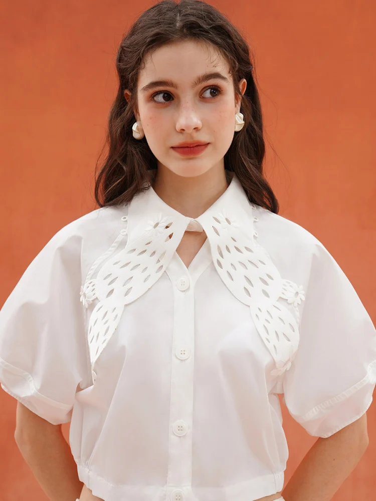 Ladies' Summer Wrinkle Resistant Plant Embroidery V-neck Hollow Breathable Shirt