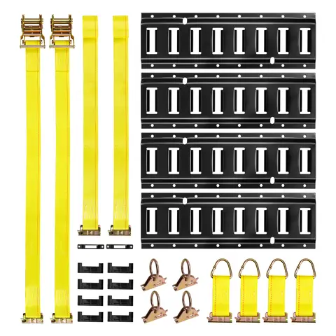 E-Track Tie-Down Rail Kit, 4 Pack 1.3 ft E Tracks Set, 21 Pcs Includes 2 Ratchet Straps & 4 O-Rings & 4 Tie-Offs with D-Ring & 2 Single Slots & 8 End Caps & 1 Bag