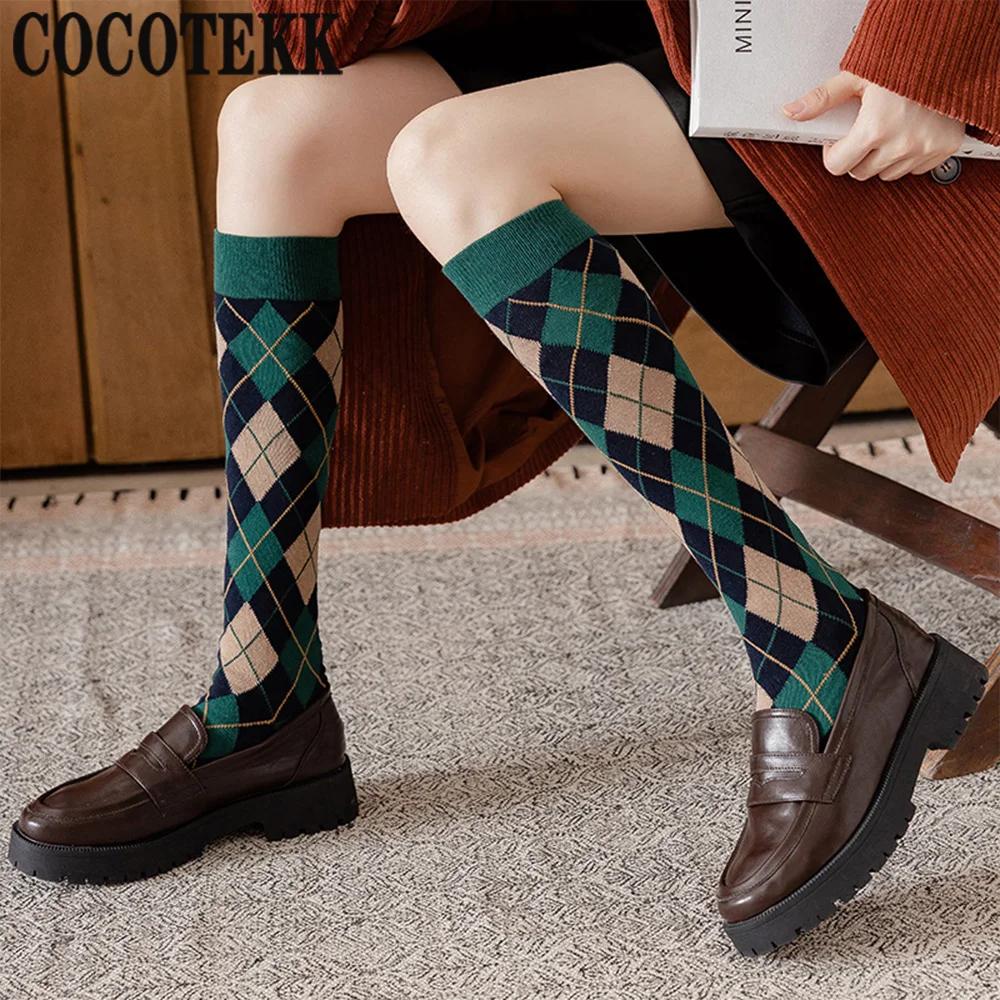 New Fashion Stockings Women\'s Calf Socks Autumn Winter British Style Retro Diamond Check Lattice Sports Cotton JK Long Socks