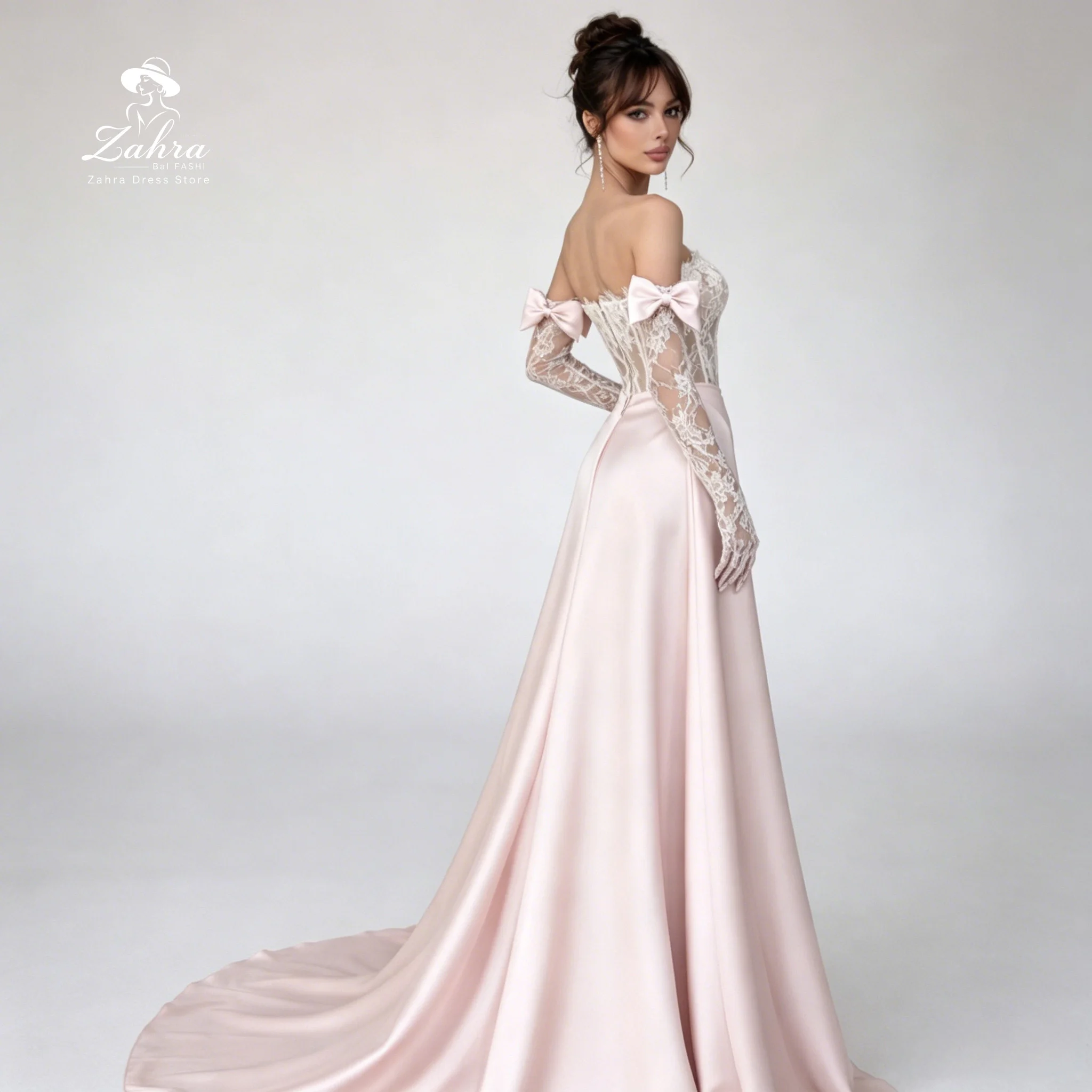 

Pink Long Sleeve Strapless Romantic Wedding Prom Dresses Corset Bodice Evening Dresses Lace Gloves with Bow Accent Party Gowns