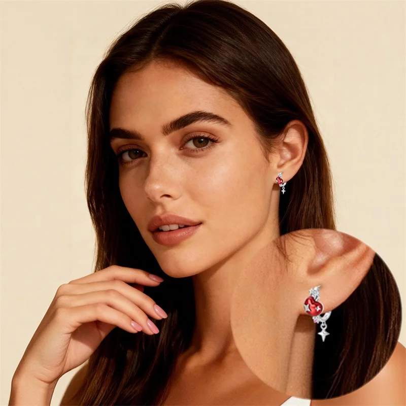 Immagine 5: Orecchini a cerchio in argento sterling 925 con mela rossa per donna, gioielli raffinati per compleanno e anniversario