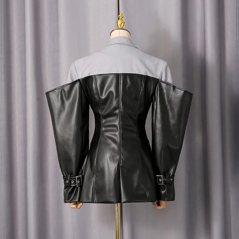 No Hood Patchwork Suit with Irregular Cut Streetwear Long Sleeve Single Breasted Regular Length Edgy Street Summer Women Suit