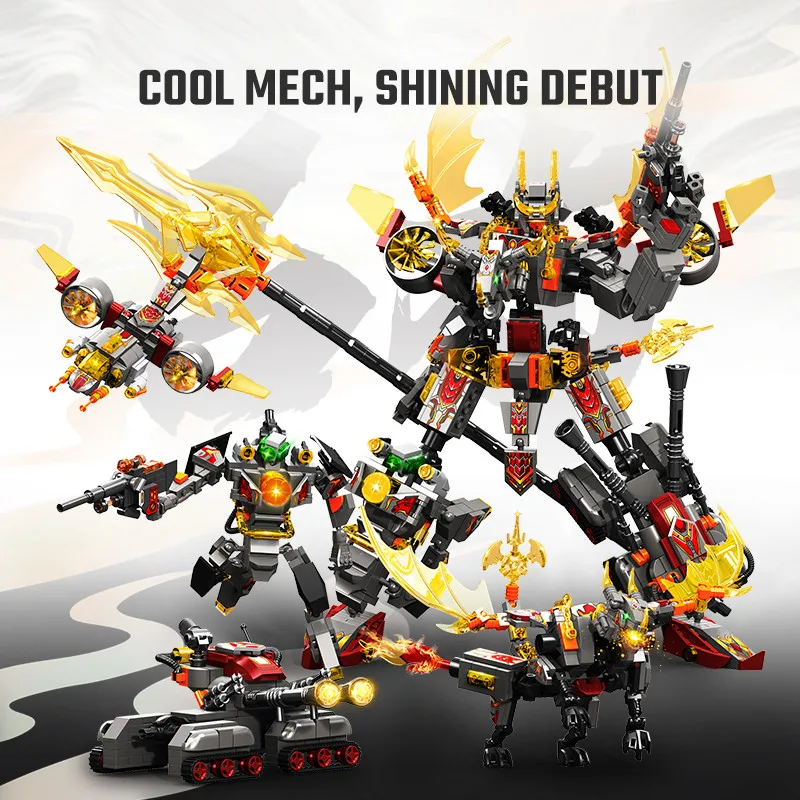 SEMBO 861pcs 4IN1 Lava War God-LvBu Transforming Mech Assemblage Building Blocks Tank Fighter Dragon Model Bricks Boys Toys Gift