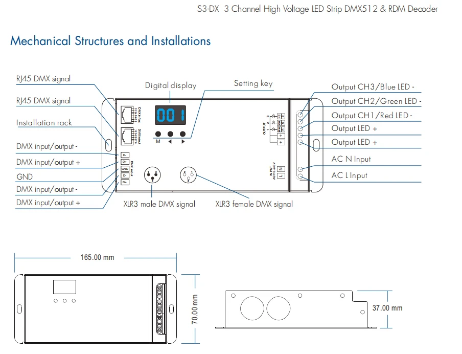 AC110V -220V High Voltage 3 Channel LED Strip DMX512 Decoder S3-DX with RF 3CH RDM Controller XLR3 and RJ45 For RGB LED Lights