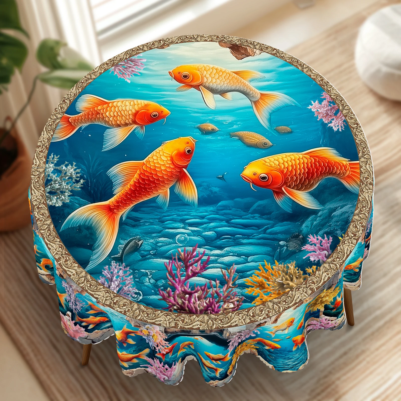 Nappe sur le thème de l'océan, corail de couleur vive, imprimés de poissons rouges réalistes, révélant l'océan, bords en relief, imperméable, résistant aux rides, adapté aux tables à la maison P-76