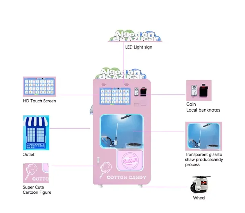 Factory Direct Fully Automatic Coin Operated Cotton Candy Floss Vending Machine Smart Self Digital Touch Screen Apple Pay QR