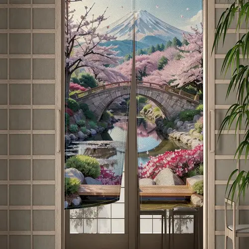 자연 풍경 일본 문짝 커튼, 후지교 산 타워 풍경, 주방 파티션 커튼, 입구 걸이식 하프 커튼 