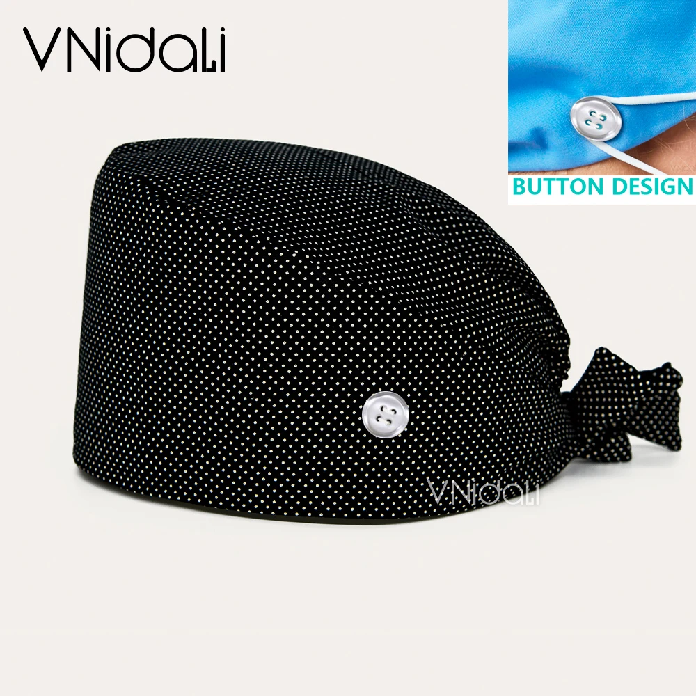 

Black dot print lady scrub cap Cotton women's scrub hats gorros quirófano mujer button Surgical cap Doctor Nurse Care Hat