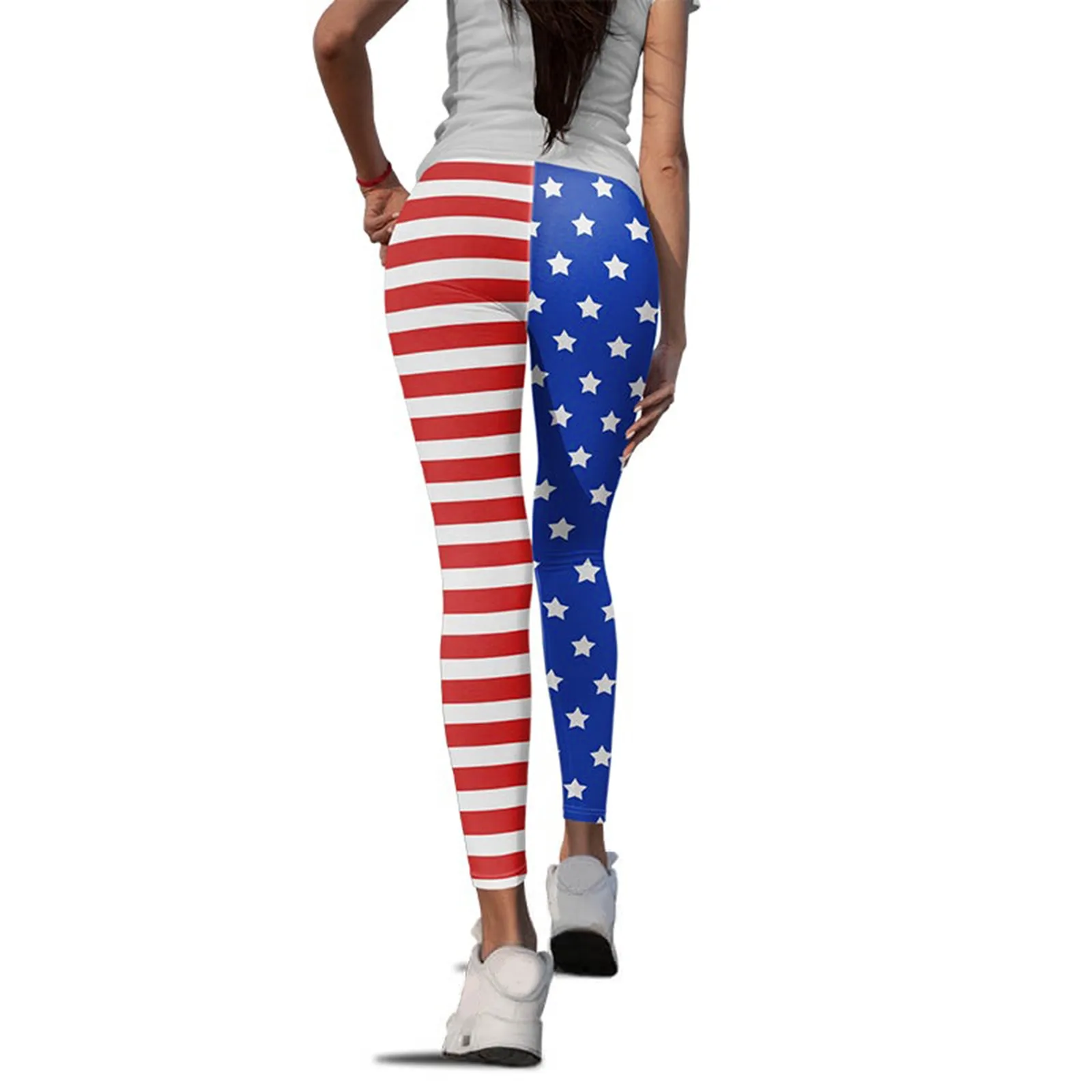 Celana legging ketat wanita, celana perempuan pinggang tinggi, elastis, gambar bendera Us, celana panjang wanita