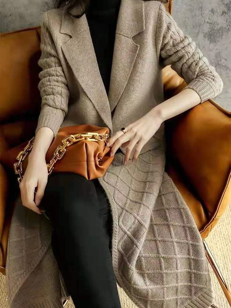 Autumn Winter Knitted Open Cardigan Women's Long Sleeve Mid-Length Loose Pure Color Lazy Style Thickened Sweater Commute Style