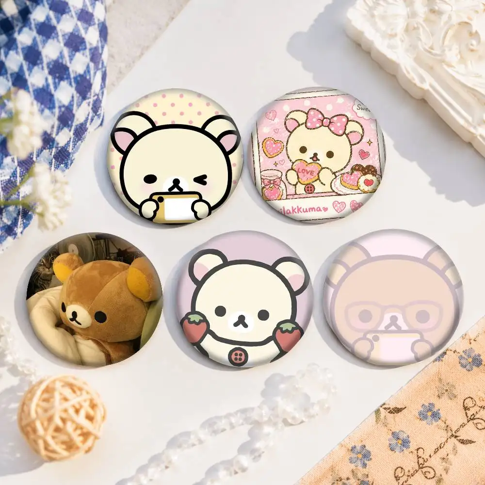 Cute Rilakkuma Bear Snap-in Pins Cartoon Character Round Creative Brooches For Backpack Accessories Jewelry Gifts