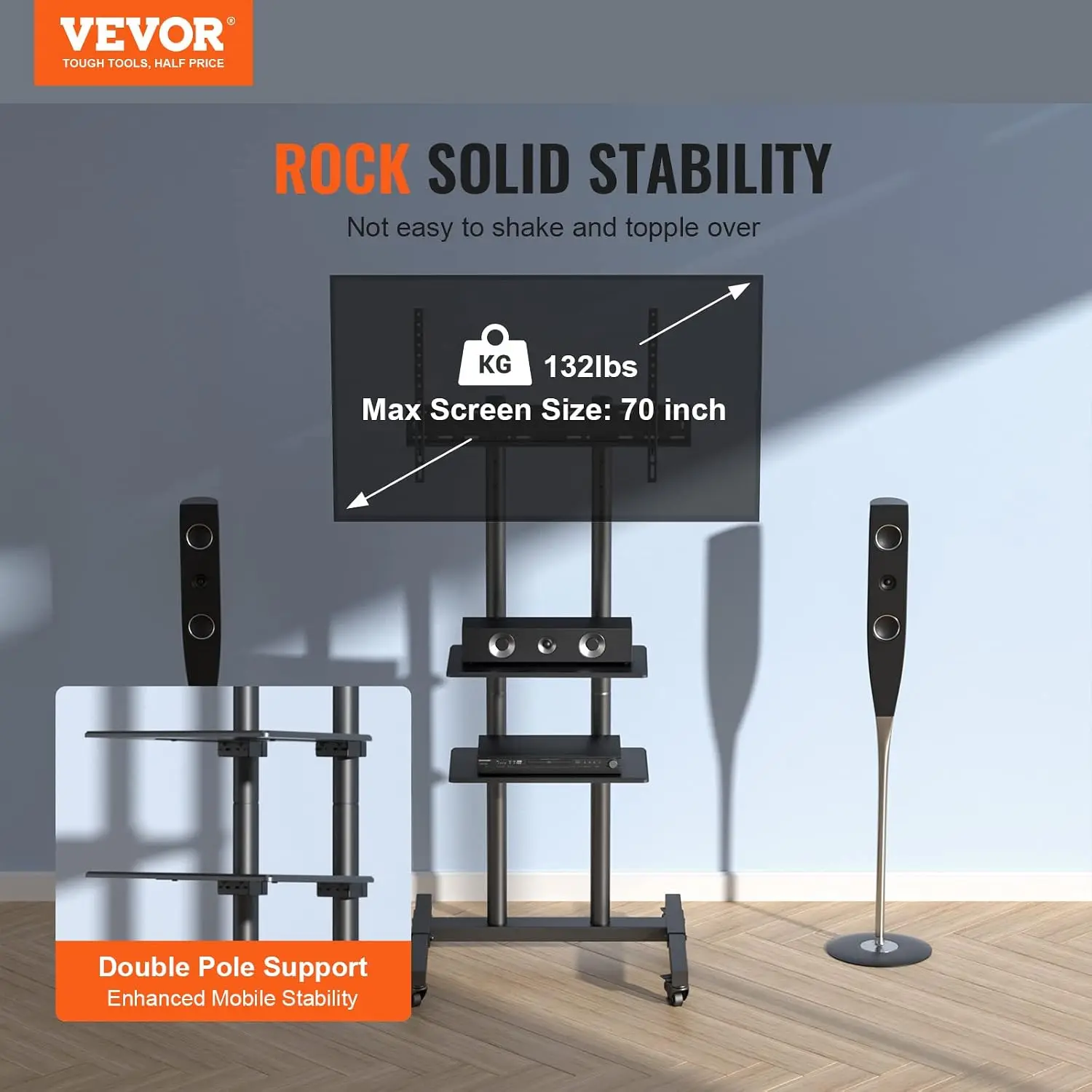 Mobile TV Cart for 32 to 70 inch TVs, Height Adjustable Portable TV Stand with Wheels and Double Tray for Audio-Visual Devices,