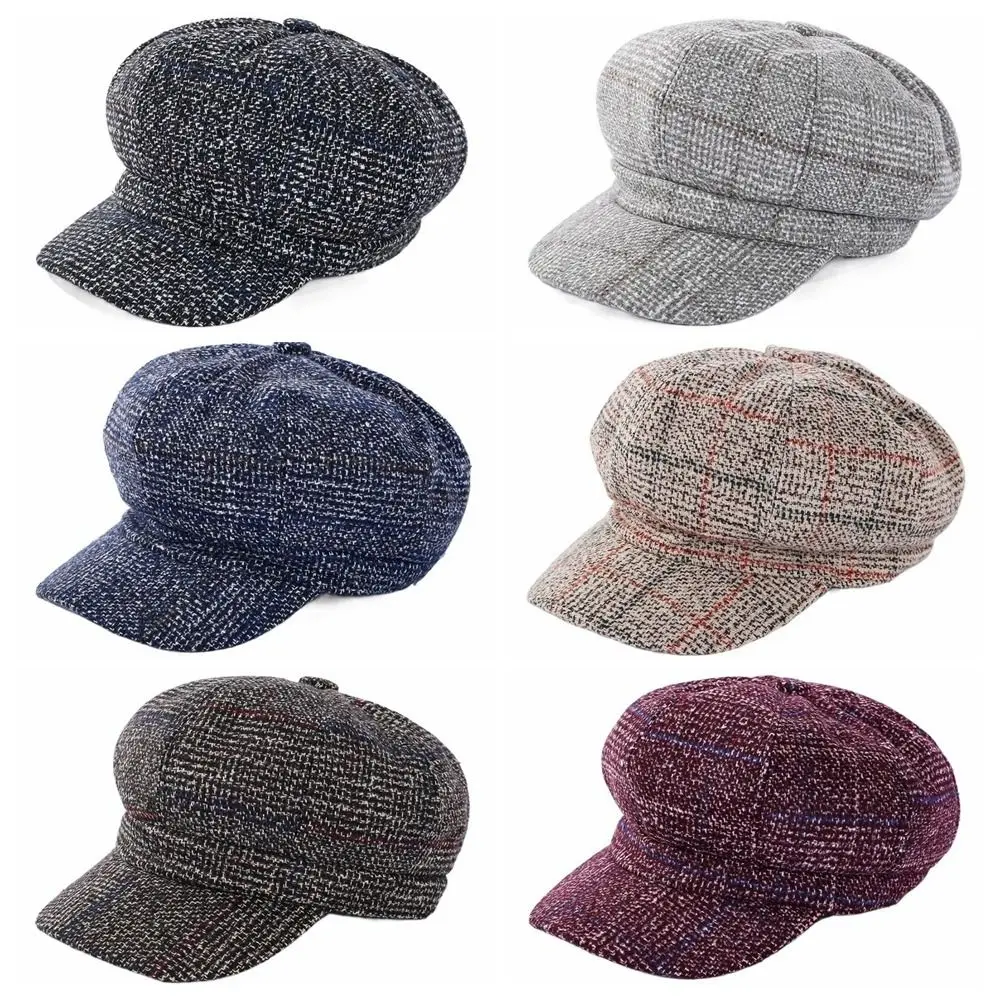 Fashion Woolen Plaid Octagonal Hat Ear Protection Keep Warm British Berets Thick Korean Style Artist Hat Girl