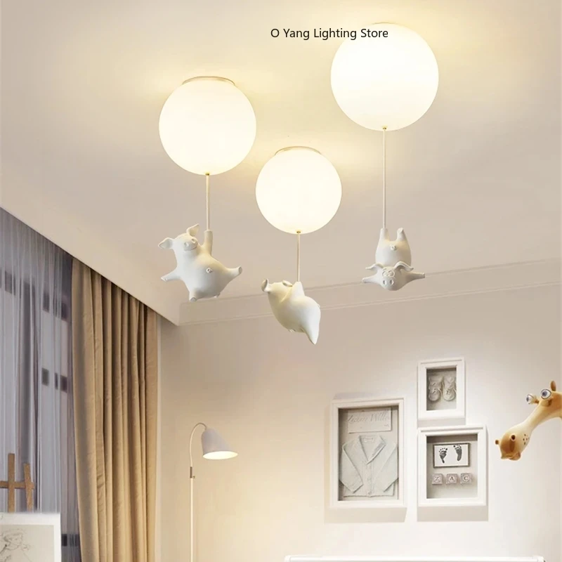 Combination LED Ceiling Lights Cartoon Resin Flying Pig Acrylic Balloon Pendant Light  Kids Bedroom Lamp Deco Light Fixtures