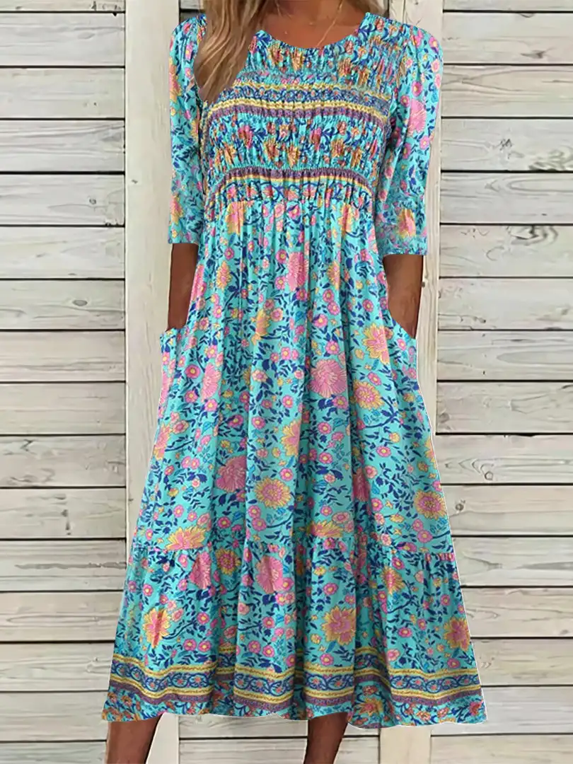 Vestido Midi con estampado Floral para mujer, Media manga, cuello redondo, talla grande