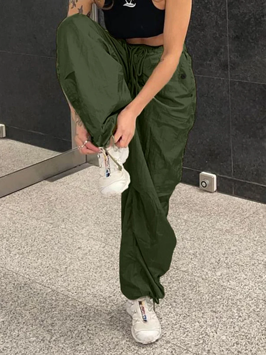 Schicke, lockere Cargohose für Damen, Y2K-Stil, Armeegrün, mit Schnürung und Kordelzug, hoher Bund, weites Bein, Streetwear, Oversized, Vintage, lässig. – Detail 4