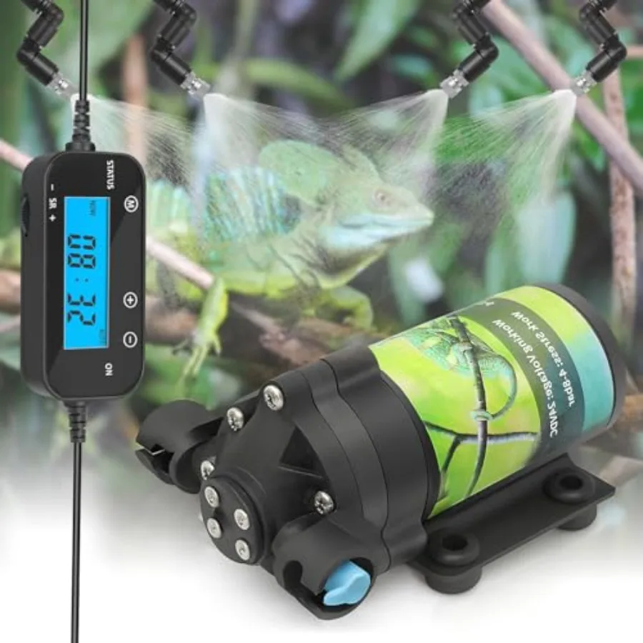 

Reptile Misting System for Terrariums: ABS Plastic, Black, Timer-Controlled Quiet Fine Mist with 6 Adjustable-Joint Nozzles Sel
