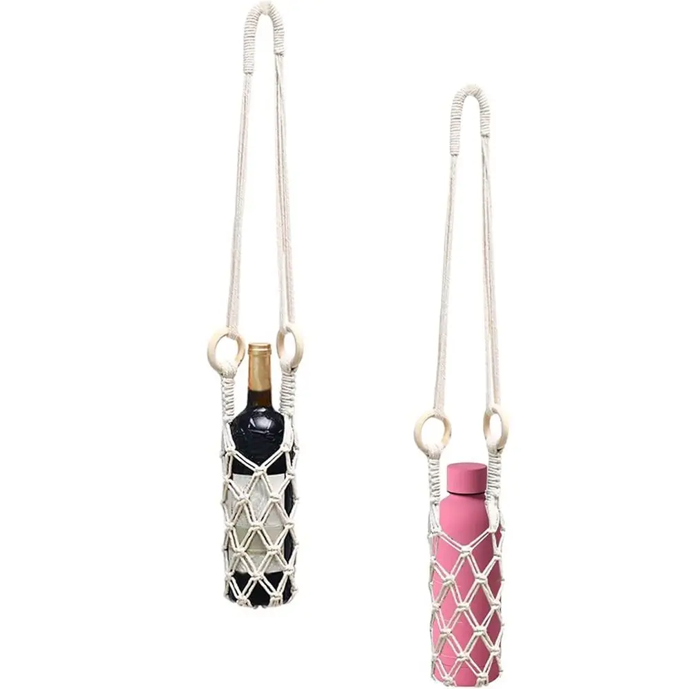 Bohemian Hanging Bottle Net Bag Hollow Out Decorative Coffee Cup Holder Easy To Carry Hand-woven Crochet Wine Bottle Carrier