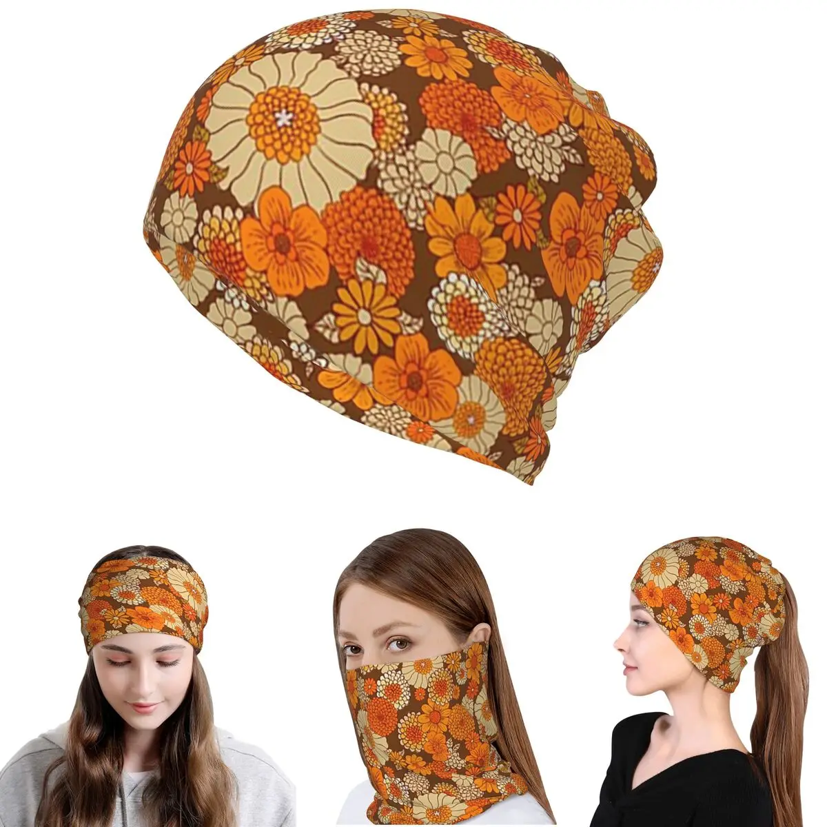 70s Retro Daisies Vintage Flower Power Orange And Brown Boho Bandana Neck Cover Mask Scarf Warm Face Mask Beanies Hat Washable