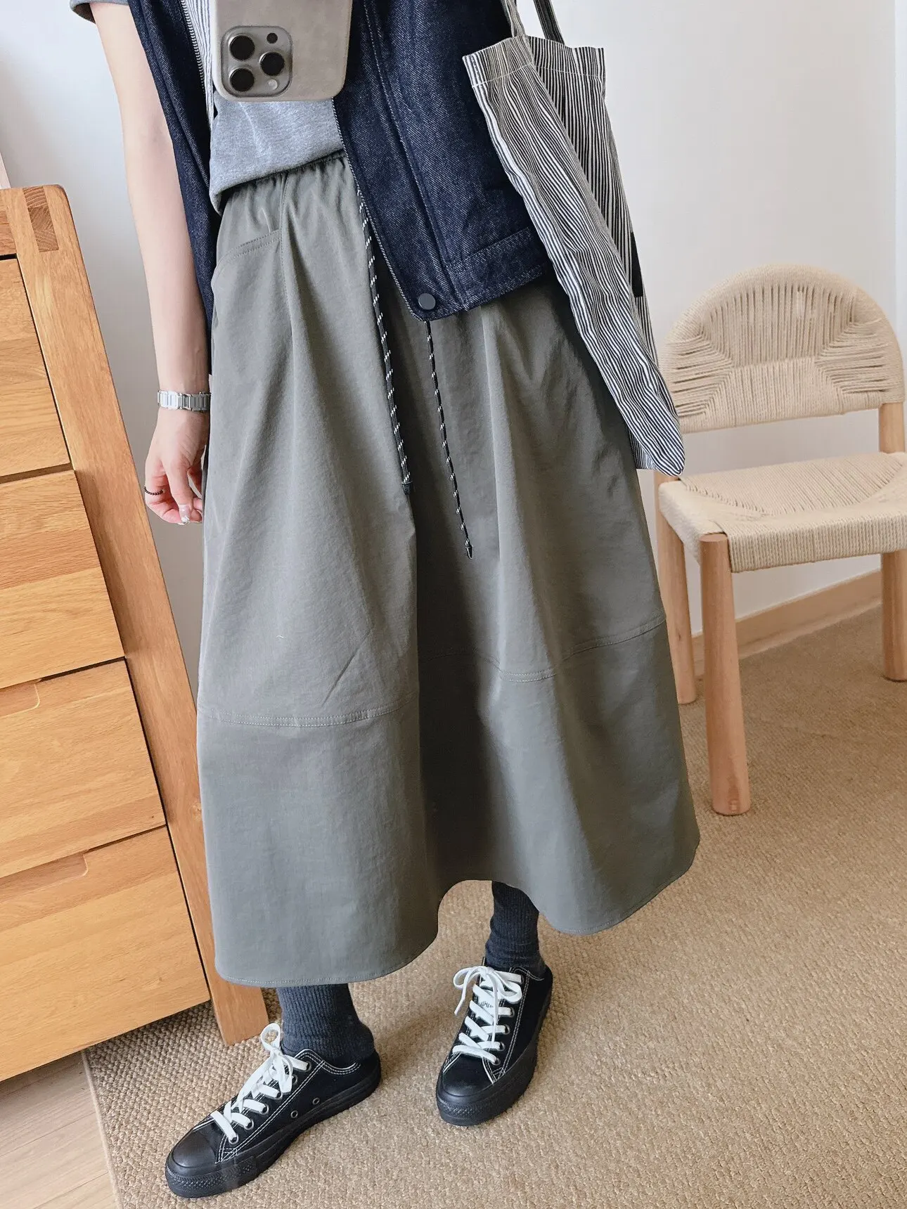 

Floral Ice Cream Long Skirt Elastic Waist Belted Pure Color Patchwork Design Workwear A-Line Skirt High Waist Polyester Fiber
