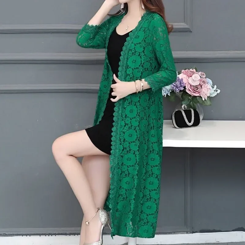 Summer New Thin Lace Loose Cardigan 3/4 Sleeve Solid Color Hollow Out Net Yarn Elegant Tops Temperament Fashion Women Clothing