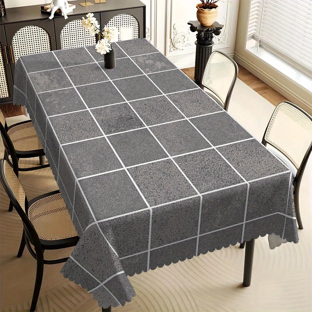Elegant Grey Lattice Tablecloth, Simple White Grid Pattern, Clean Scalloped Trim,Dirt Resistant for Parties & Neutral Home Decor