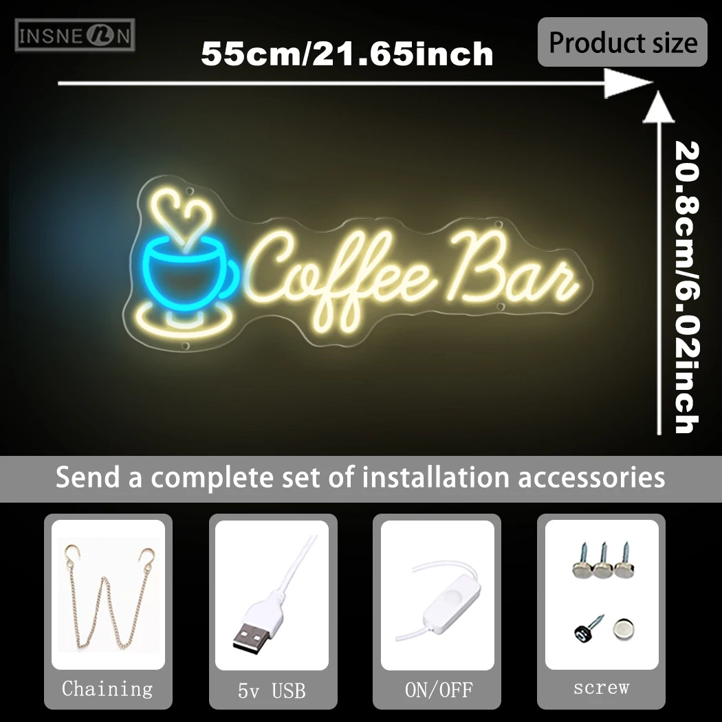 Coffee Bar Neon Sign LED USB Powered Hanging Light for Cafe Restaurant Home Kitchens Restaurants Shops Bar Art Party Decoration