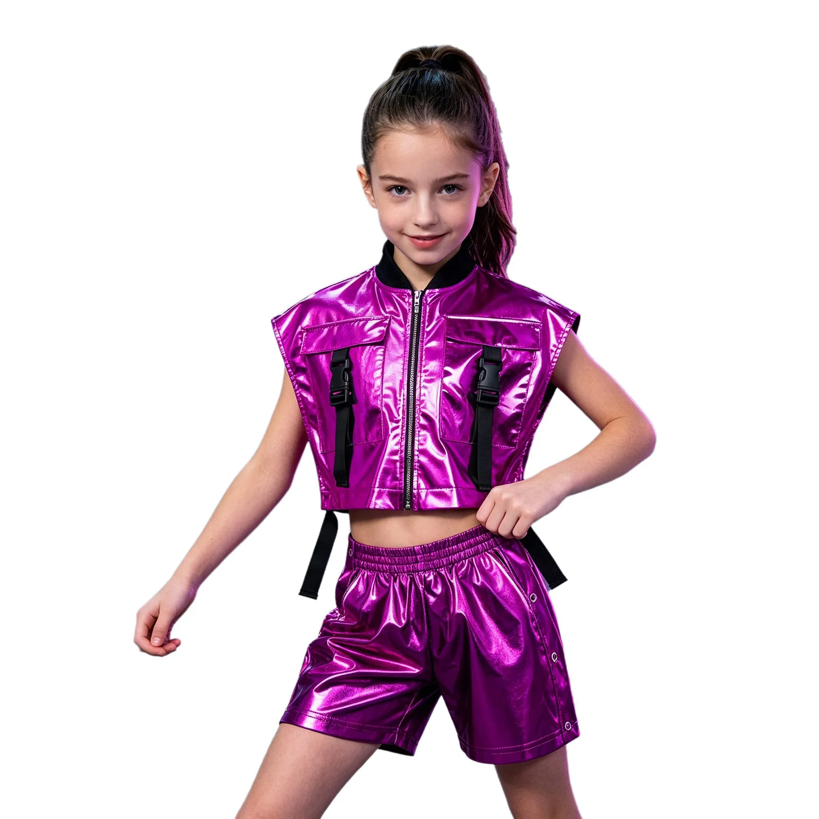 Kinder Mädchen Hip-Hop Jazz-Tanz-Outfit Aufführungskostüm mit seitlich geöffneter Metallweste mit Reißverschluss und seitlichen Druckknöpfen sowie glänzenden Shorts – Detail 10