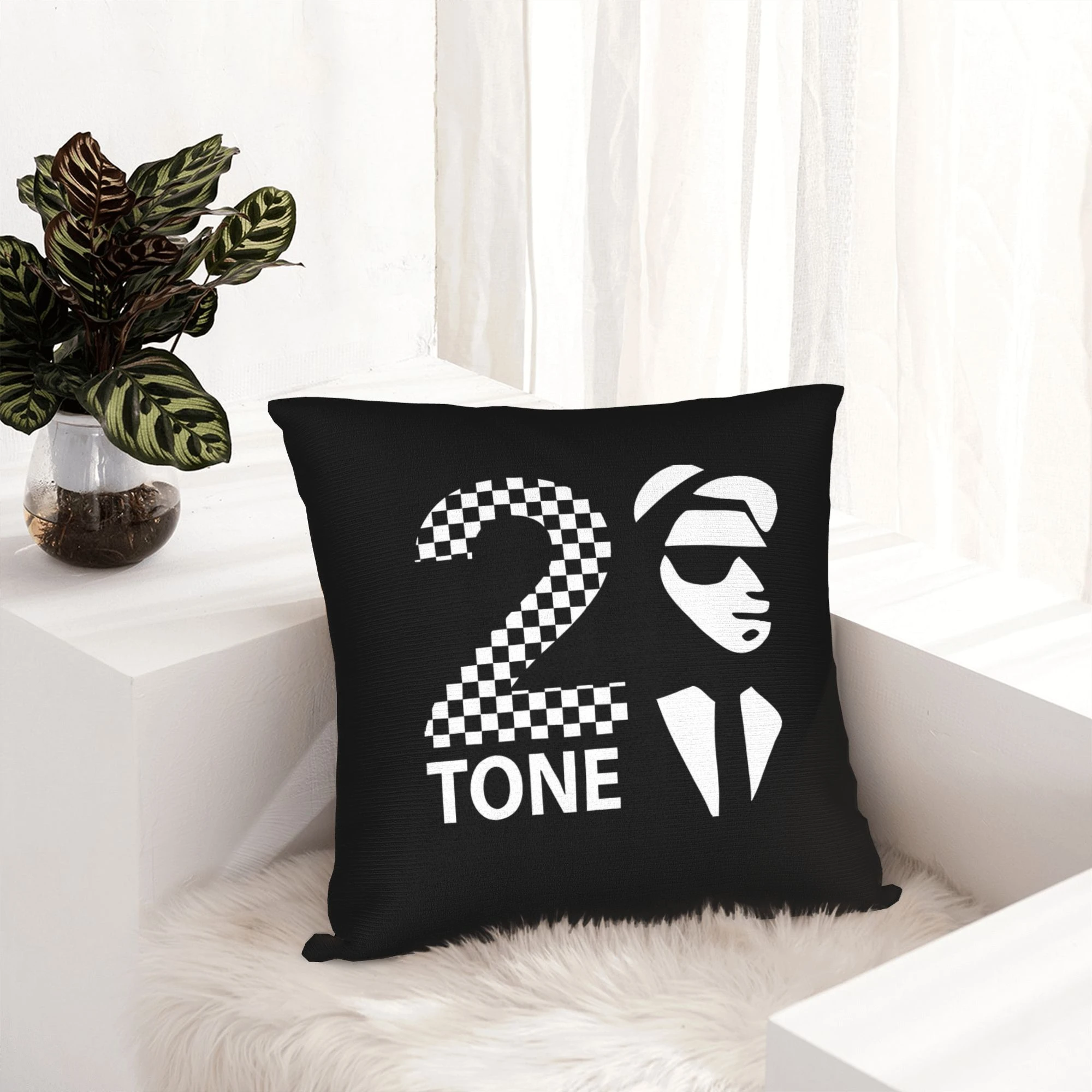 1pc Black & White Ska Music Cushion Cover, Polyester Double-Sided Print, Checkerboard 2 Tone Silhouette Pillow, Retro Punk Home