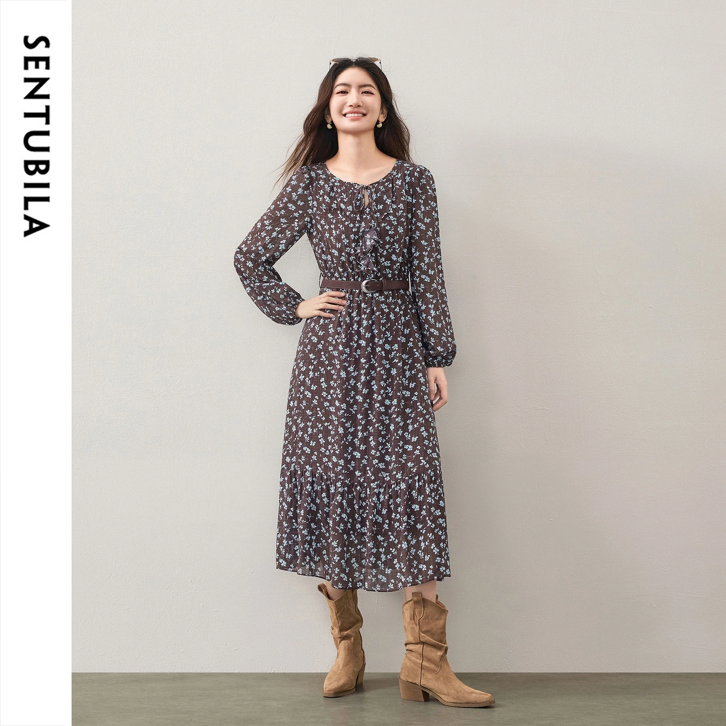 SENTUBILA Women French Floral Dress 2026 Ladies Autumn Fall Elegant Tie Neck Lantern Sleeve Ruffle Hem A Line Dresses 163LF7824