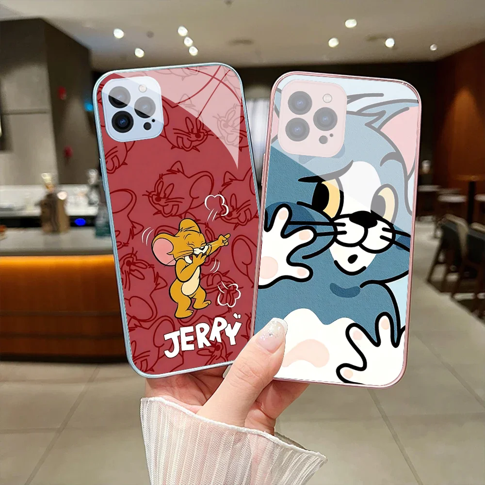 Cartoon T-Tom And J-Jerry Phone Case For IPhone 15 14 13 12 Mini 11 Pro Max X XS XR 6 7 8 SE Plus Glass Hard Cover