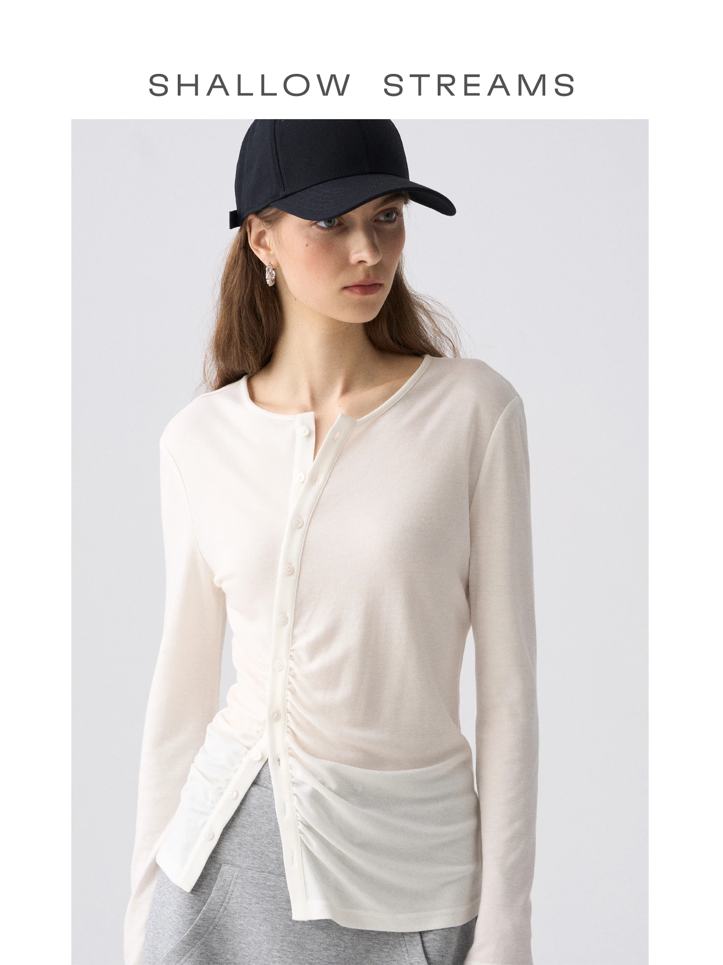 

Slow Strs Casual Sle Women's T-irt Asymmetric Long Sve White Wool Lyocell Blend Breathable Comfortable Top