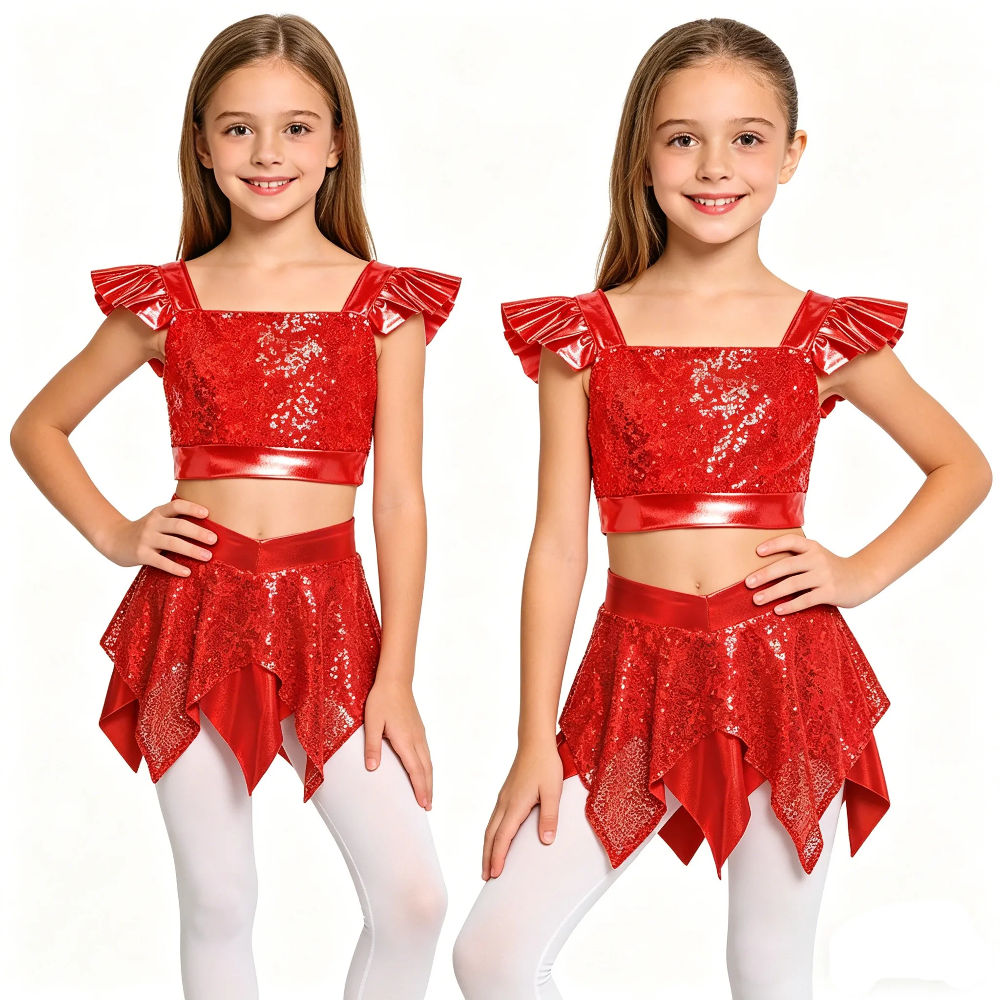 Kids Girls Metallic Shiny Sequin Hip Hop Jazz Dance Cheerleading Outfit Ruffled Sleeve Crop Top with Skirt Built-in Briefs Set