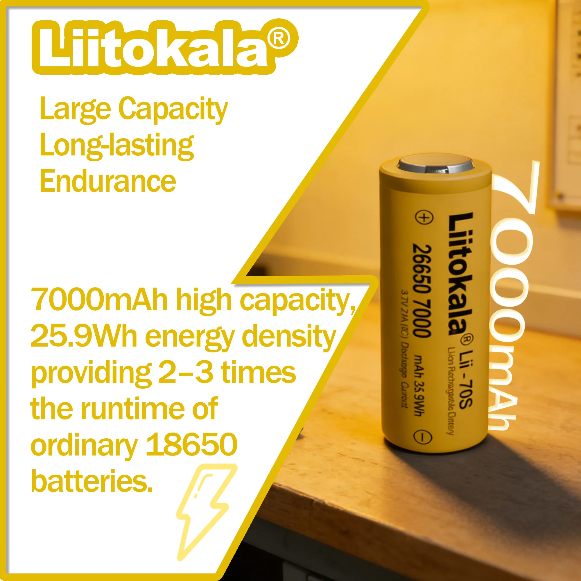 LiitoKala LII-70S-JT 26650 3.7V 7000mA 35A power Rechargeable lithium battery 26650 Suitable for Flashlight batteries