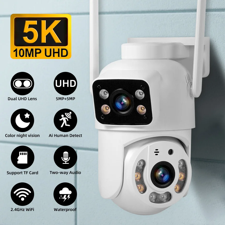 Fuers 10MP HD 5K Outdoor Security Camera with Dual Lens PTZ Color Night Vision Surveillance Audio Video AI Detection