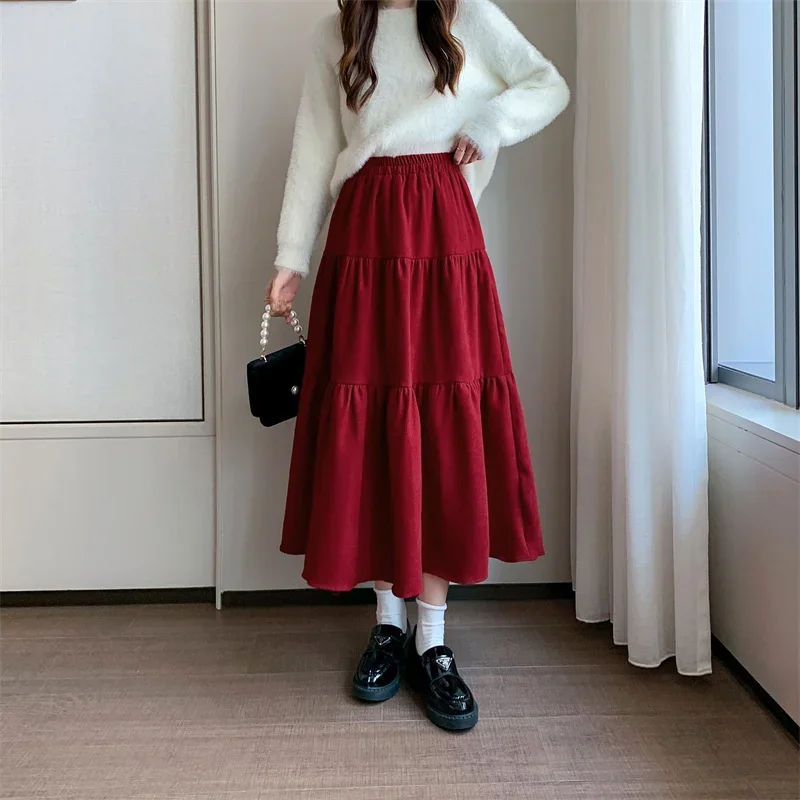 Retro Christmas Red Skirt Women Autumn Elegant Ruffles A Line Long Skirts Female Y2k Elastic High Waist Party Faldas Mujer