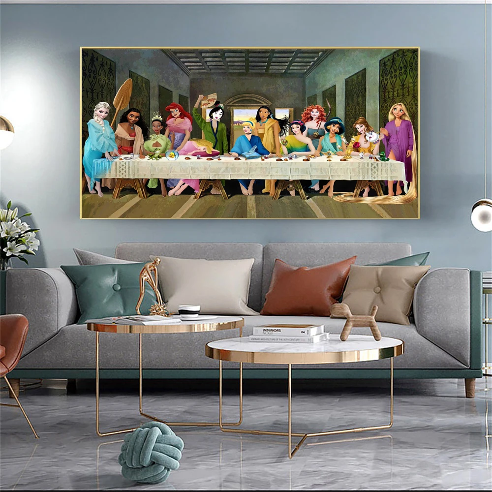 

MINISO Disney All Princess Last Supper Print Poster On Canvas Disney Wall Art Elsa Frozen Snow White Print For Girls Room Decor