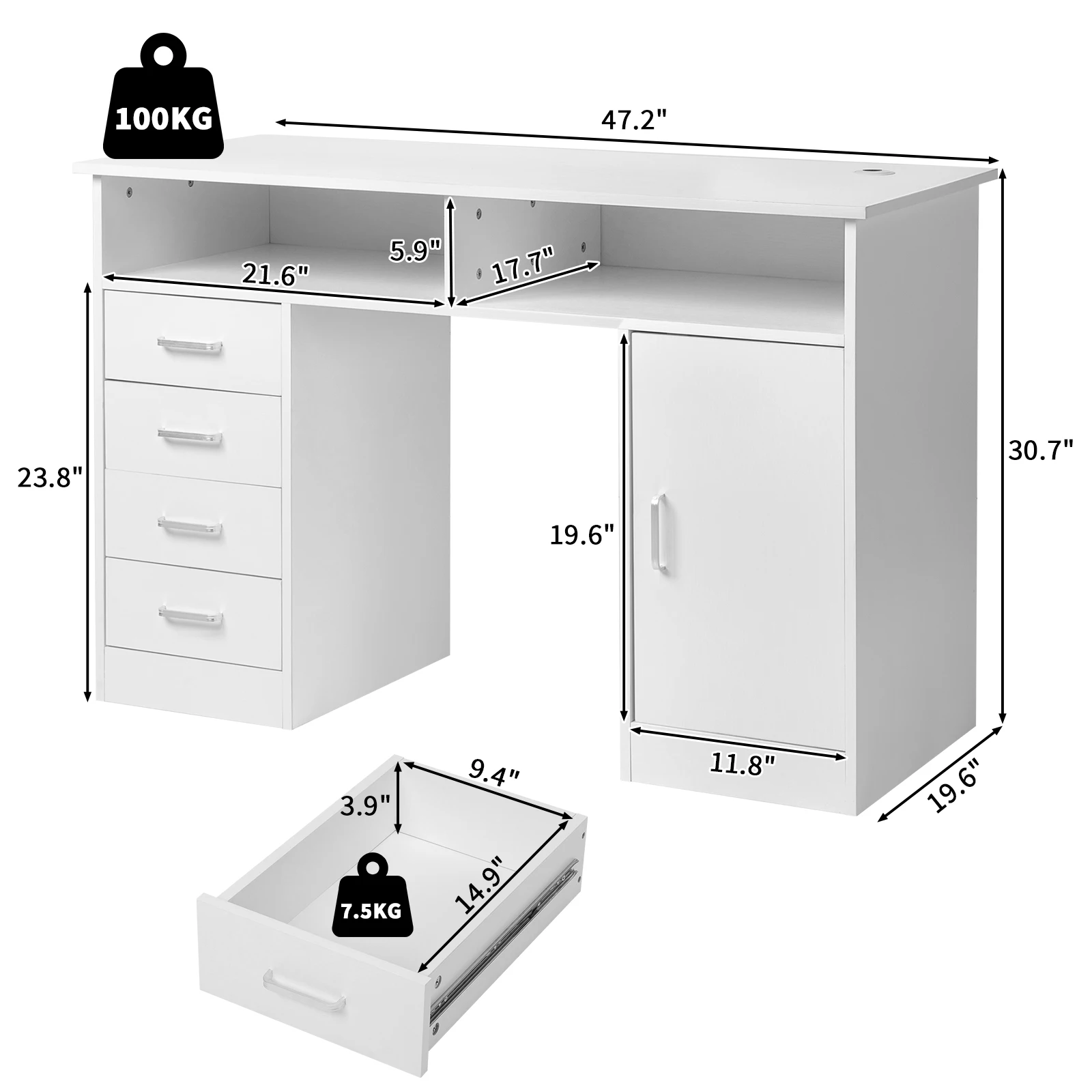 White wood grain particle board with triamine 120*50*78cm one door four drawers plus interlayer computer desk