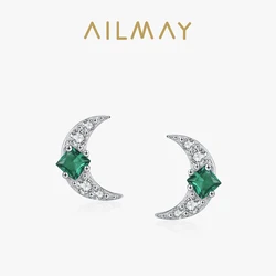 Ailmay  925 Sterling Silver Starry Moon Shiny Green white Zircon Earrings For Women Retro Fashion Women Jewelry Gift