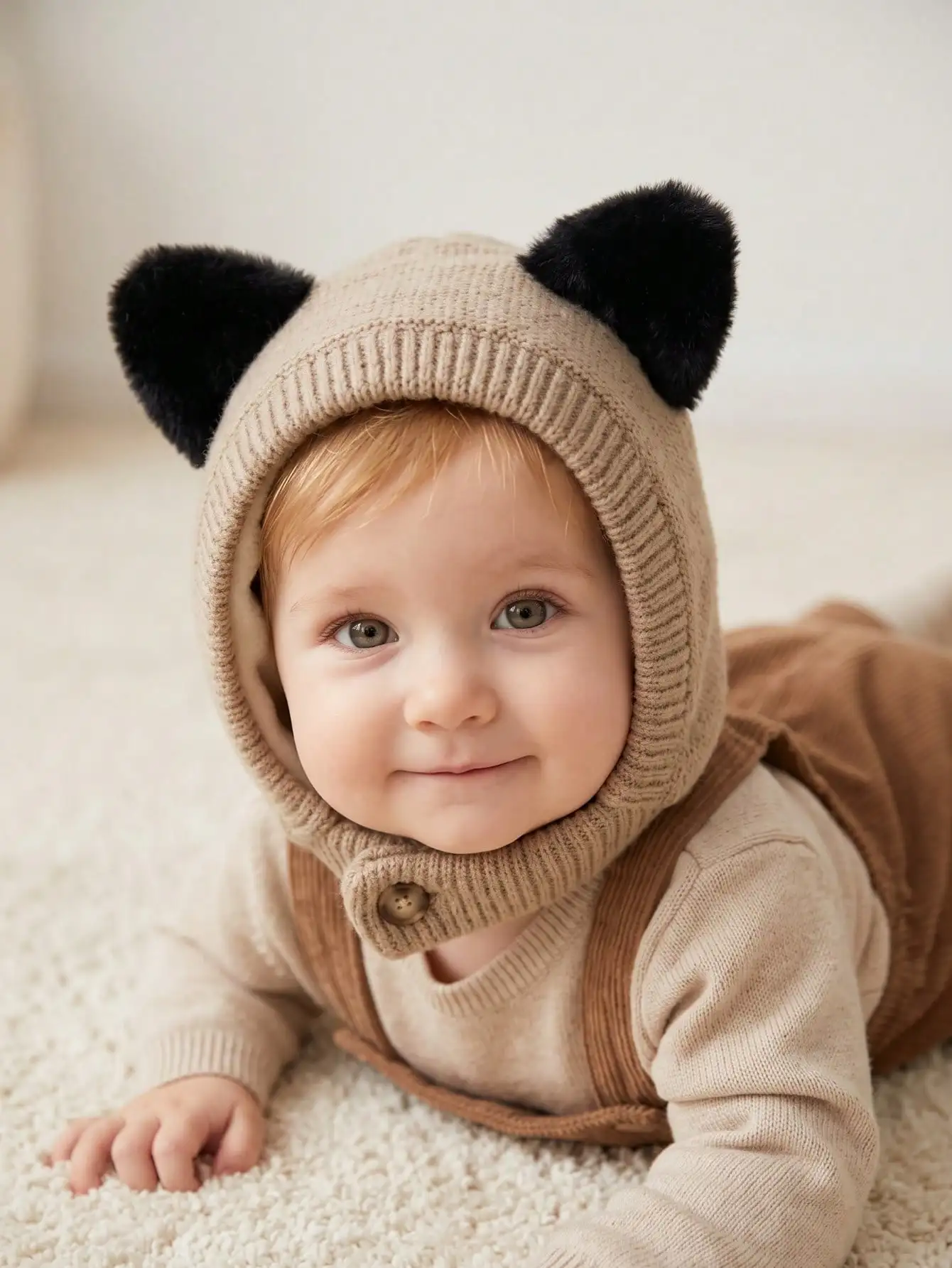 1pcs 1-5Y Cute Baby Kids Knit Balaclava, Cartoon Cat Ear Decor Full Cover Integrated Cap
