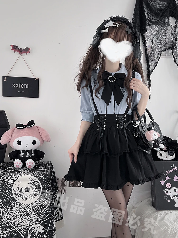 New Summer Japanese Girl Women's Cute Lace Bow Short Sleeve Shirt Blouses Suspender Skirt Mine Series Mass Production Skirt Suit image 3
