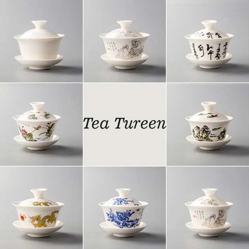 Tureen and Bowls White Porcelain Ceramics Gaiwan Tea Cup Kung Fu Tea Set Gift Special Offer Pottery Bowl Lid Blue-and-white