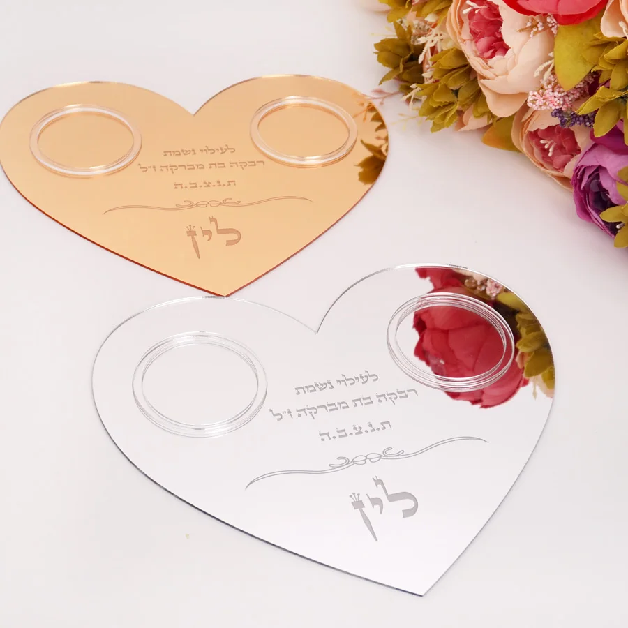 

Heart Style Candle Plate Custom Blessing Text Acrylic Mirror Tray For Wedding Decoration Pray Tags