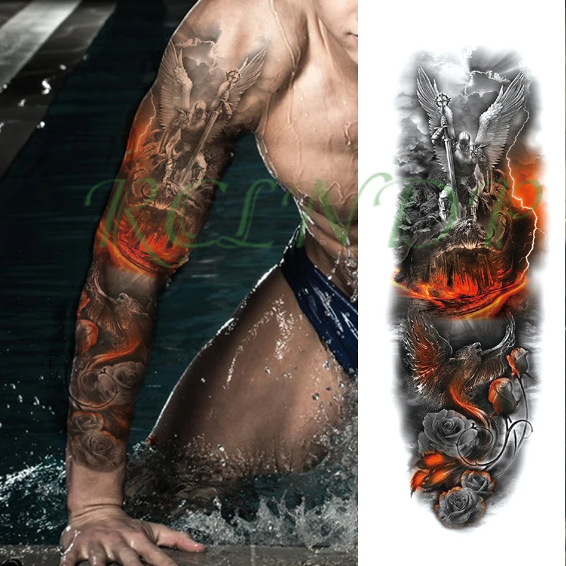 Waterproof Temporary Tattoo Sticker phoenix angel warrior sword rose flower full arm big fake tatto flash tatoo for men women